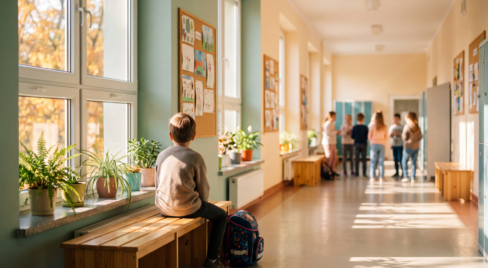 chłopiec siedzący na szkolnym korytarzu sam